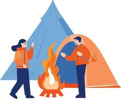 Hand Drawn Tourists with campfire in flat style vector