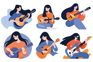 Hand Drawn musicians playing guitar and singing in flat style vector