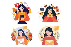 Hand Drawn happy woman with envelopes in flat style vector