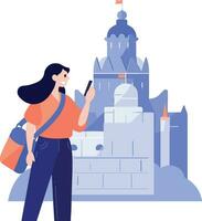 Hand Drawn tourists with attractions in flat style vector