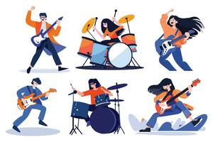 Hand Drawn musicians playing guitar and singing in flat style vector