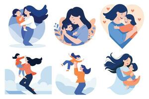 Hand Drawn Mother hugging her child happily in flat style vector