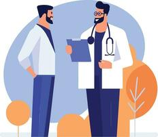 Hand Drawn Doctor talking to patient at hospital in flat style vector