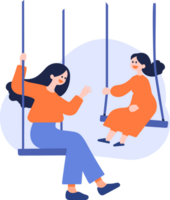 Hand Drawn mother playing on swings with child in flat style png