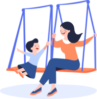 Hand Drawn mother playing on swings with child in flat style png