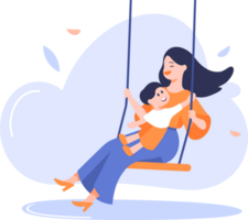 Hand Drawn mother playing on swings with child in flat style png