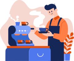 Hand Drawn Barista making coffee happily in flat style png