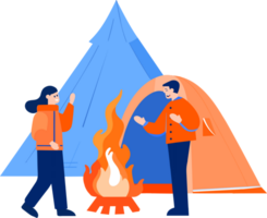 Hand Drawn Tourists with campfire in flat style png