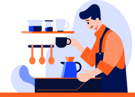 Hand Drawn Barista making coffee happily in flat style png