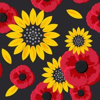 Large yellow sunflower flowers and red poppies create a seamless pattern on a black background for textiles, fabrics. Vector. vector