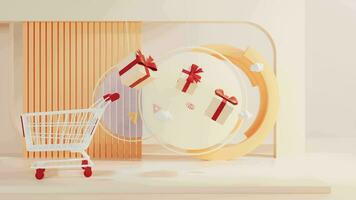 Schleife Animation von Einkaufen Wagen mit geometrisch Hintergrund, 3d Wiedergabe. video