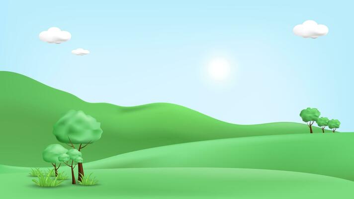 3d landscape illustration with 3d trees, cloud and sun. vector illustration.
