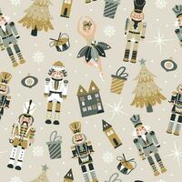 Seamless Christmas Pattern with Nutcrackers ballerina in Vector on beige.