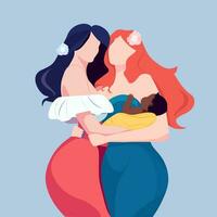 Two white black girls, women holding a baby in their arms vector