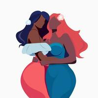 Two white black girl, female hugging, girlfriends, friends, gay, lesbian vector