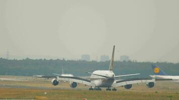 FRANKFURT AM MAIN, GERMANY JULY 20, 2017 - Singapore Airlines Airbus A380 9V SKT braking after landing at 25C. Fraport, Frankfurt, Germany video