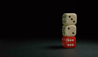 Three stacked dice on a black background, red dice highlighted, representing strength and balance and stability, 3d rendering image photo