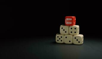 Five dice stacked forming a pyramid, highlighted red dice, representation of rise, elevation, balance, stability, security, 3d rendering image photo
