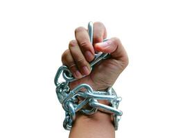 Hands encircled in chains on a white background photo