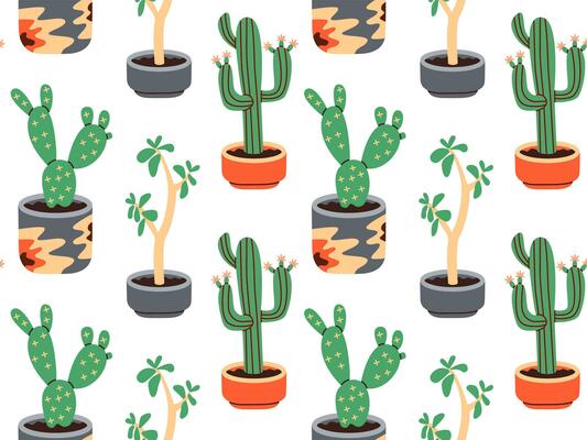Seamless pattern of succulents of various shapes, Potted plants, Cactus potted. Blooming cacti, popular house plants. Flat vector illustration.
