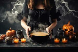 Woman prepares dish to celebrate Halloween. Generative AI photo