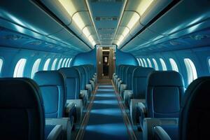 Empty passenger seats in cabin of the aircraft. Plane interior. Generative AI photo