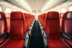 Empty passenger seats in cabin of the aircraft. Plane interior. Generative AI photo