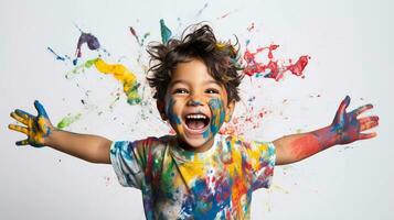 Cute little boy laughing together and having fun with paints. Painted in skin hands. Child portrait. Creative concept. Close up photo