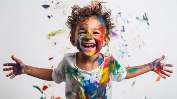 Cute little boy laughing together and having fun with paints. Painted in skin hands. Child portrait. Creative concept. Close up photo