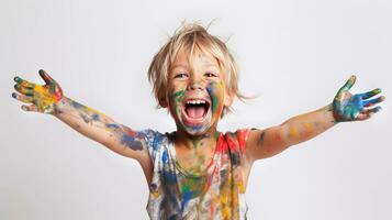 Cute little boy laughing together and having fun with paints. Painted in skin hands. Child portrait. Creative concept. Close up photo