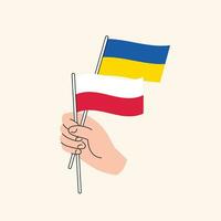 Cartoon Hand Holding Ukrainian And Polish Flags. Ukraine and Poland Relations vector