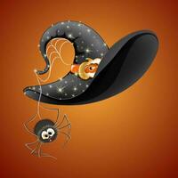 Cute cartoon witches hat with golden pumpkin buckle and orange ribbon, with hanging little spider vector