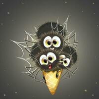 Cute Halloween smiling funny three spiders in ice cream cone  with web vector