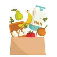 Various products fly out of the paper bag. Vector graphic.