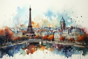 Paris skyline watercolor painting, created with generative AI photo