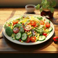 vegetal ensalada, vegetal ensalada realista restaurante fondoalto calidad ai imagen generado foto