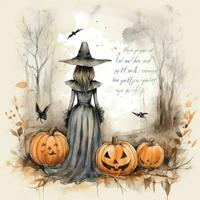 Illustration Halloween witch card with pumpkin quotes high quality ai generated image photo