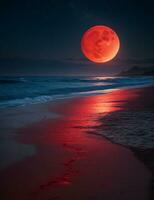 A mysterious beach at night, illuminated by a red moon, with the dark sea stretching out into the horizon. Ultra realistic. Generative AI photo