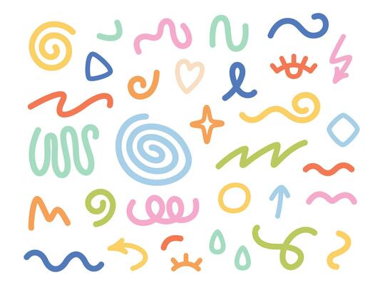 Various hand drawn abstract shapes, strokes and doodles. Colorful abstract line doodle shape set. Trendy design elements.