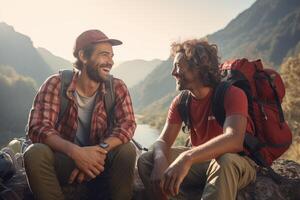 Two friends hiking in mountains, talking and laughing. photo