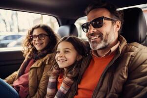 contento familia de padre y niños disfrutando la carretera viaje juntos, ai generativo foto