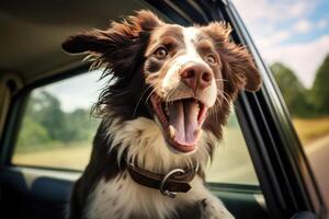 Cute dog looking out of car window , AI Generated photo