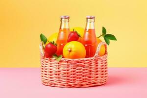 Basket with fresh lemonade bottles and citrus fruit on minimal background, AI Generative photo