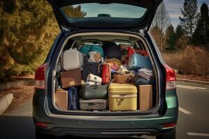 Back view of a car filled with luggage , photo
