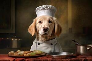 Cute dog Golden retriever Chef with costume ready to cooking for dinner in kitchen room, funny moment, ingredient for cooking, pet concept, with Generative Ai. photo