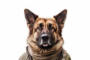 Cute dog German shepherd with soldier costume for military army isolated on white background, funny moment, pet concept, with . photo