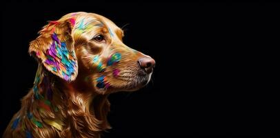 Abstract of pet cute dog Golden retriever portrait with multi colored colorful on  skin body and hairs paint, Vibrant bright gradients background, with Generative AI. photo