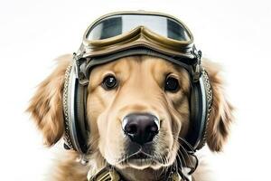 Cute dog Golden retriever with captain pilot costume for flying with airplane isolated on white background, funny moment, pet concept, with Generative Ai. photo