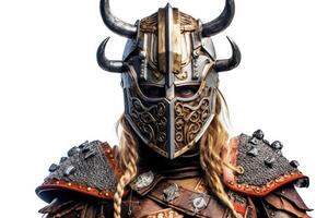 Portrait of medieval Scandinavian or Viking warrior with armor and helmet costume isolated on white background, epic fantasy world, with . photo