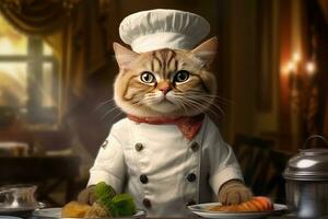 Cute fluffy kitty Cat Chef with costume ready to cooking for dinner in kitchen room, funny moment, ingredient for cooking, pet concept, with Generative Ai. photo